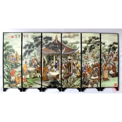 Chinese collection Lacquer ware painting crane folding screen-Orchid Pavillion Series