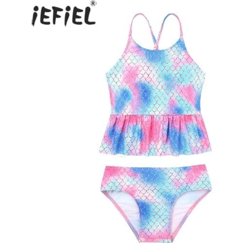 2Pcs Mermaid Bikini Kids Girls Swimwear Sleeveless Mermaid Tops Swimsuit with Bottoms Summer Girls Beachwear Bathing Suit Set