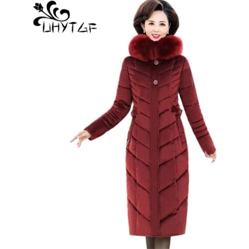 UHYTGF Jackets for women Quality Gold velvet Down Cotton Winter Coat Parker Women Hooded Thick Warm 5XL Plus size Outerwear 1064