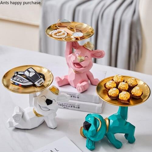 Resin Dog Ornaments Metal Storage Tray Animal Statue Sculpture Decoration Crafts Jewelry Dish Snack Plate Figurines Furnishings