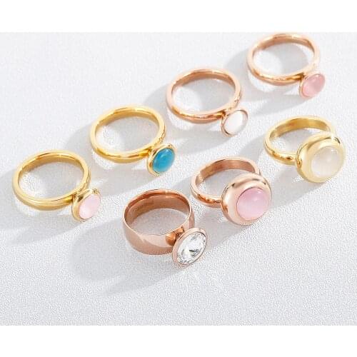 Trendy Pink Imitation Opal Inlaid Rings Gold-color Round Grandeur Party Cocktail Ring For Woman Jewelry