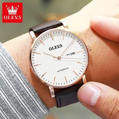OLEVS 2021 Minimalist Mens Fashion Ultra Thin Watches Simple Men Business Leather Strap Mechanical Watch 5882 relogio masculino