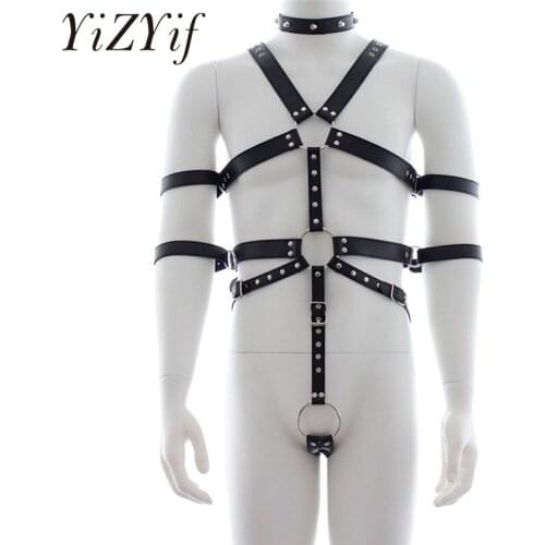 YiZYiF Sexy Body Chest Harness Men arm Bondage Harness of Men PU Leather Cock Punk Ring harajuku Goth dance nightclub Ravewear