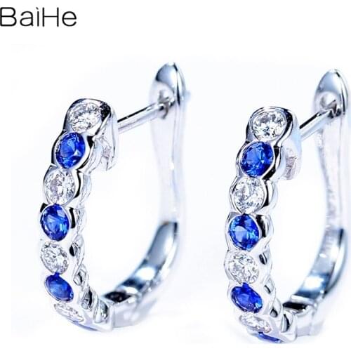 BAIHE Solid 14K Yellow Gold 0.30ct Natural sapphirs birthday Gift Fine Jewelry beautiful sapphirs earrings for Women