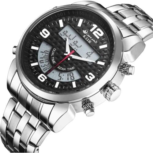 LED Digital Dual Time Azan Watch 6.11 New Stainless Steel new cool fashion quartz Arabia Watch For Men
