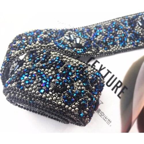 Navy Blue Gemstone Lace Trim Hot Drilling Lace Clothing Accessories DIY Sewing Rhinestone Beaded Chain Ribbon DIY Lace Appliques