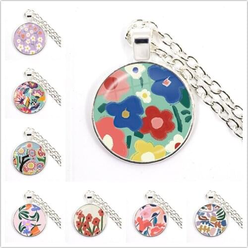 Vintage Necklace Vintage Abstract flowers Necklace Women Males Fashion Flower Glass Necklace Pendant Glass Dome Necklace