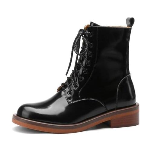 Elegant Cross Tied Genuine Letaher Women Ankle Boots Round Toe Thick Heels Autumn Winter Party Shoes Woman