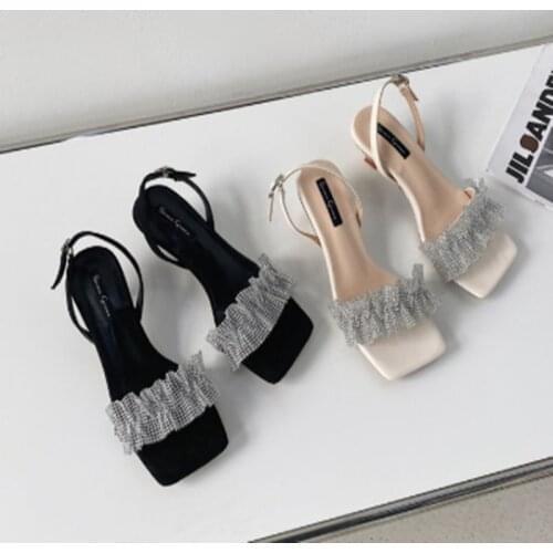 2021 Womens Sandals New Fashion Diamond High Heeled Peep Toe Sandals Summer Retro Thin Heeled Sandals Female Shoes