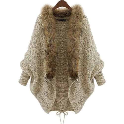 Women Cardigan Sweater Thick Poncho Capes Femme Autumn Winter Bat Sleeve Fur Collar Wool Sweater Knitted Long Cardigan 50