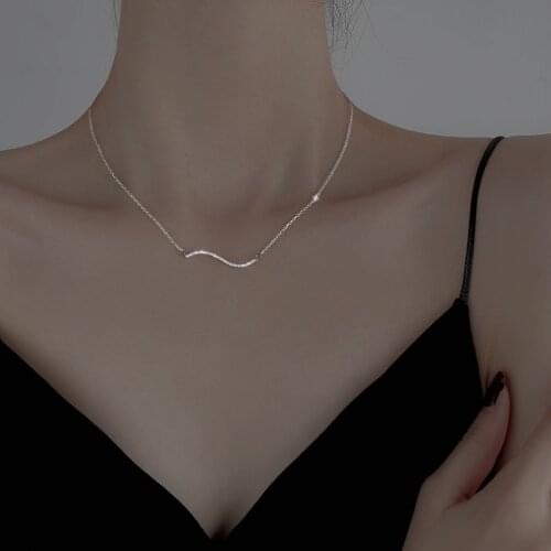 925 Sterling Silver Wave Necklace for Women Glittering Pave CZ Clavicle Chain Necklace Jewelry S-N731