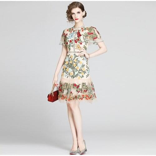 New 2021 Fashion Runway Summer Dress Womens Flare Sleeve Floral Embroidery Elegant Mesh Hollow Out Midi Dresses