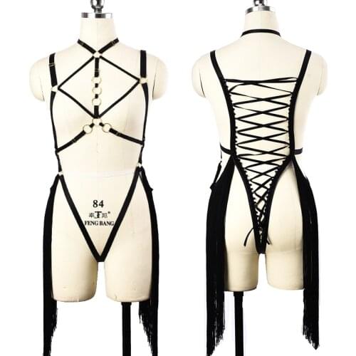 Golden O-Ring Black Body Harness Set Festival Fetish Bralette Harness Vintage Pastel Goth Body Cage Bra Fringed Bohemian style