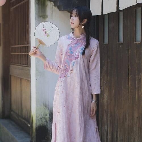 1392 Chinese style womens dress Chinese style retro dress Tencel flax cotton hemp embroidery 2019 new long sleeve tea dress