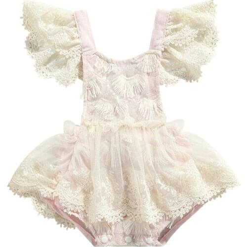 2021 0-24M Princess Infant Baby Girl Playsuit Flower Lace Fly Sleeve Tassels Square Collar Backless Summer Romper Jumpsuit