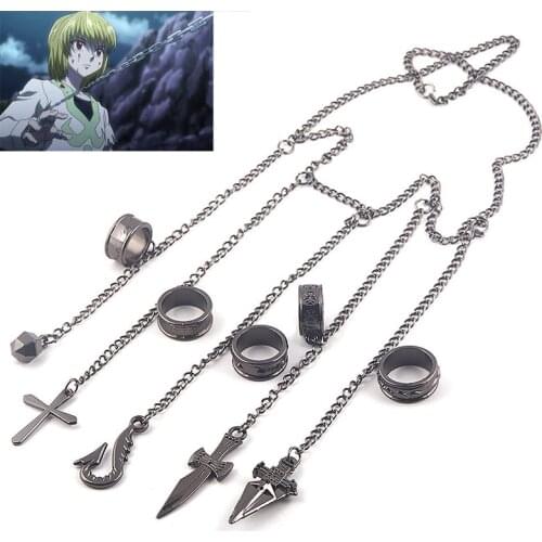 Anime Hunter X Hunter Kurapika Metal Ring Bracelet Cosplay Punk Hip Hop Vintage Cross Finger Chain Pendant for