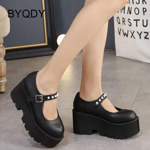 BYQDY Brand New Arrival Female Lolita Shoes Paltform Sweet Girls School Shoes Mary Jane Fashion Crystal Gothic Punk Pumps Black