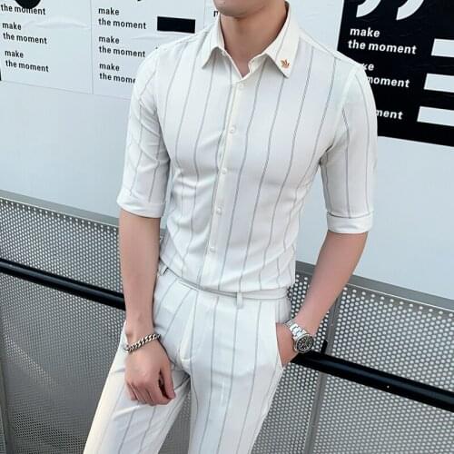 Handsome 2020 Trend Cropped Pant 2 Piece Set Costume Business Suit Striped Short Sleeve Shirt Men Suit Business Tuxedos Slim Fit