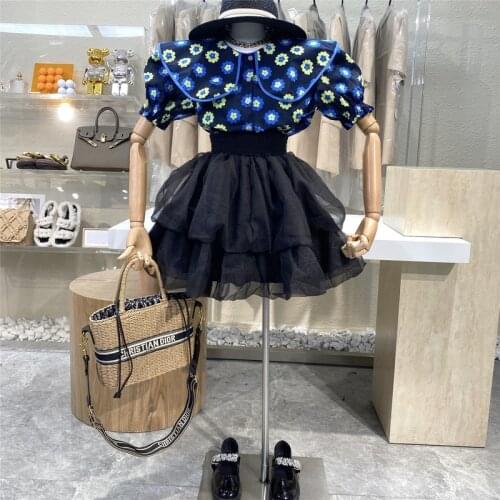 Cute Doll Collar Bubble Sleeve Shirts for Women Contrast Color Floral Print Single-breasted Sweet Tops