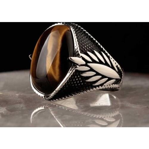 Solid 925 Sterling Silver Tigers Eye Stone Mens Ring