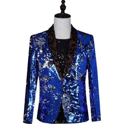Male Shining Blue Sequins Party Nightclub Casual Suit Mens Personalied Fashion Dancing or Singer Stage Performance Clothing