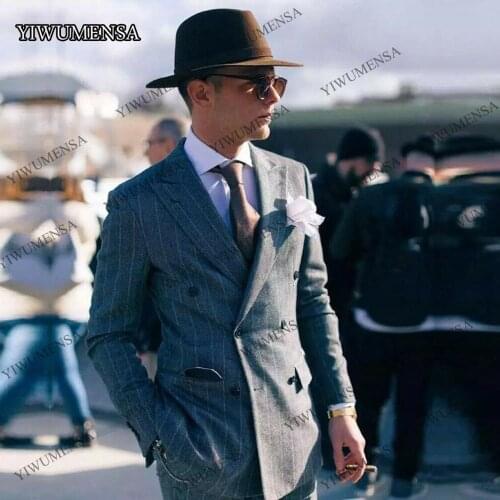 Gray Pinstriped Mens Wool Double Breasted Blazer Tuxedos Business Smoking Evening Party Tailored Wedding Suits Male Clothing