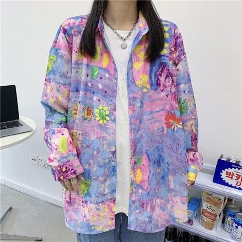 Autumn Blouses Casual Shirts For Women Oil Painting Tie Dyed Temperament Loose Vintage Korean Style Polo Shirt Long Sleeve Top