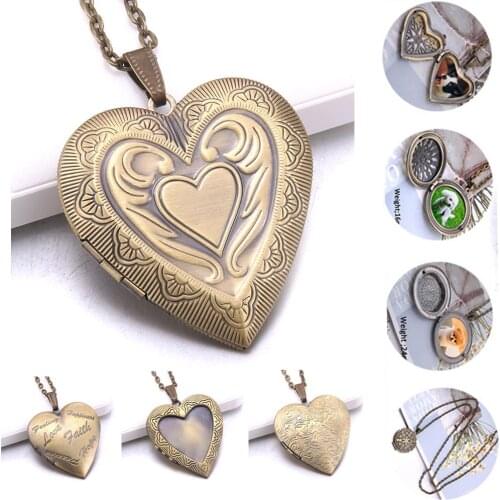 Heart-shaped Romantic Photo Necklace Pendant Fashion Memory Album box Pendant Retro copper Carved flower Couple necklace
