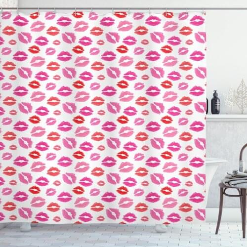 Pink Lips Shower Curtain Set Feminine Modern Lipstick Stains Curtain for Bathroom 12 Hooks Cortinas de Baño וילון אמבטיה