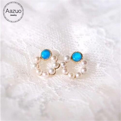 Aazuo Real Natural Blue Opal Akoya 18K Yellow Gold Stud Earrings For Woman Girls Circle Earring For Wedding Engagement Party