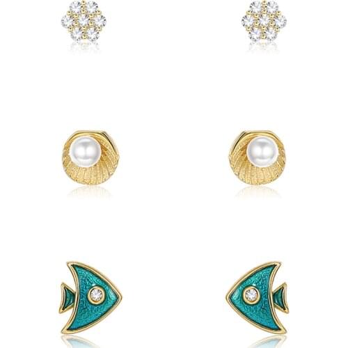 SILVERHOO 925 Sterling Silver Shell Pearl & Fish Stud Earring Set Round CZ Gold Color Small Earrings For Women Jewelry Gift