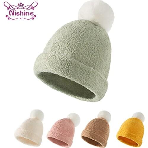 1 PCS Autumn and Winter Fashion Warm Teddy Velvet Hats Solid Color Fluffy Ball Children Cap Baby Girls Headwear Hair Accessories