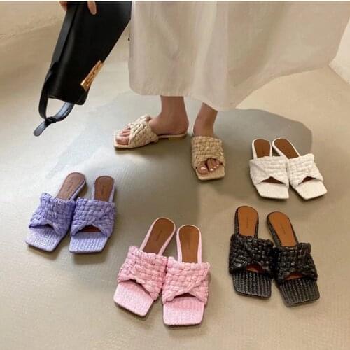 New Brand Women Cane Weave Slipper Summer Outdoor Flat Heel Vacation Beach Sandals Casual Flip Flops Ladies Slides Plus Size 41
