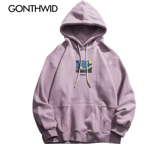 GONTHWID Van Gogh Starry Night Print Fleece Hoodies Sweatshirts Streetwear Men Hip Hop Pullover Hooded Tops Male Harajuku Jumper