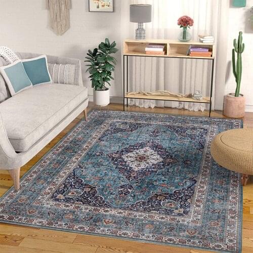 Vintage Bohemian Living Room Carpet Blue Area Carpet Persian Style Rectangular Carpet Bedroom Soft Non-slip Learning Carpet