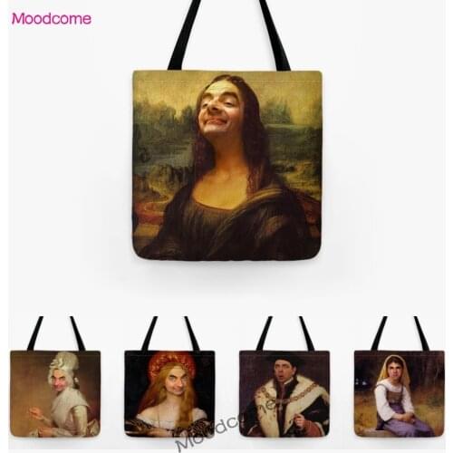 Funny Humorous Monalisa Mr Bean World Famous Oil Painting Unique Laughter Shopper Tote Bag Waterproof Large Shoulder Carry Bag