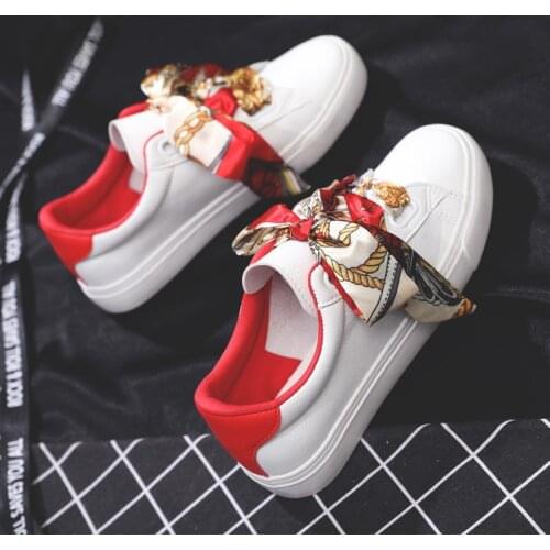 Girl Sneakers White 2019 Fall New Fashion Trends Silk Ribbon Pu Leather Waterproof Flat Heel Mixed Colors Women Fashion Shoes