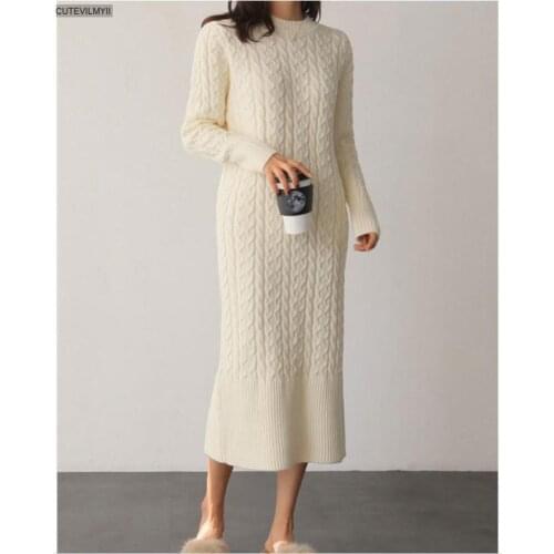 Stretchy Autumn Winter O-neck Twisted Split Long Knit Dress Women Casual Loose Thick Sweater Dress Female Knitted Vestidos 2021