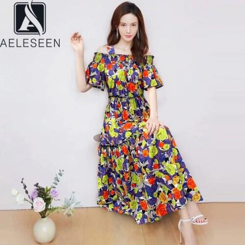 AELESEEN High Quality 100% Cotton Dress 2021 Women Summer Dress Off The Shoulder Flower Print Waist Elastic Ruffles Long Dress