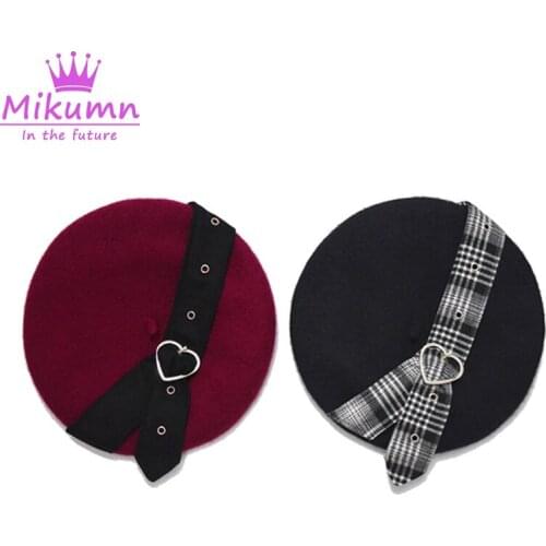 Lolita Harajuku Women Beret Hat Darkness Cool Girls Punk Rock Love Buckle Wine Red Black Woolen Vintage Winter Caps