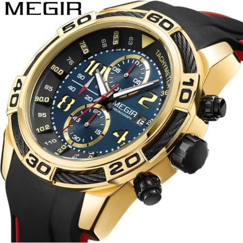 MEGIR New Luxury Multifunction Military Watch Three Eye Running Second Chronograph Rubber Sports Waterproof Watches Male 2045G