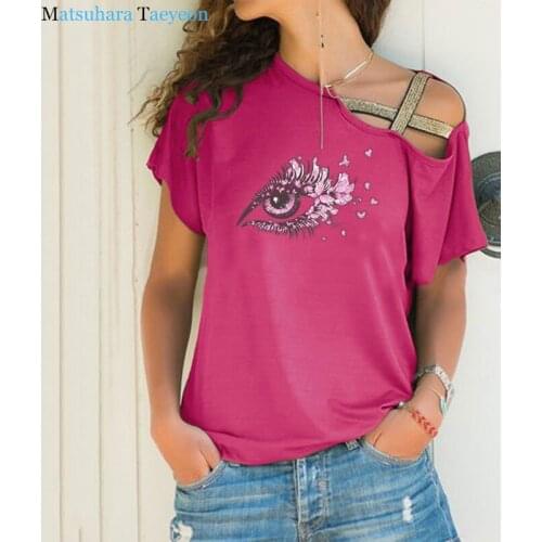 Pink sexy girl eyes Women T-shirt Tee Eyelashes Print Art T-Shirt Hipster Summer WomanT shirt Irregular Skew Cross Bandage