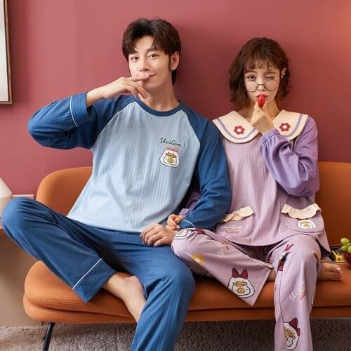 SLPBELY Cotton Couple Pajamas Loungwear Set Spring Cartoon Casual Lapel Two Piece Long Sleeves Cute Lover Homewear Pyjamas