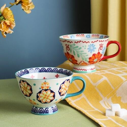 Ceramic Mug Nordic Ins Breakfast Milk Oatmeal Cup Large Capacity Painted Retro Premium Teacup Romantic French Coffee Cups