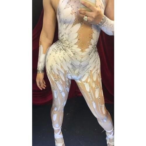 Crystals Wings Angel Jumpsuit White Feather 3D Printed Bodysuit Nigthclub Singer Dance Outfit Rhinestones Stage Rompers dress