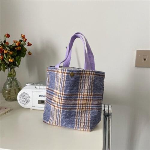 Korean Simple Hand-held Wool Bag Women Plaid Shopping Mini Handbags Casual Small Bento Tote Hasp Zero Purses Phone Pouch