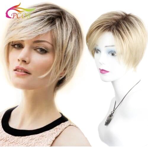 Short Women Synthetic Ombre Blonde Wigs Natural Dark Root Hair Wigs Heat Resistant Hair Wig for White Women