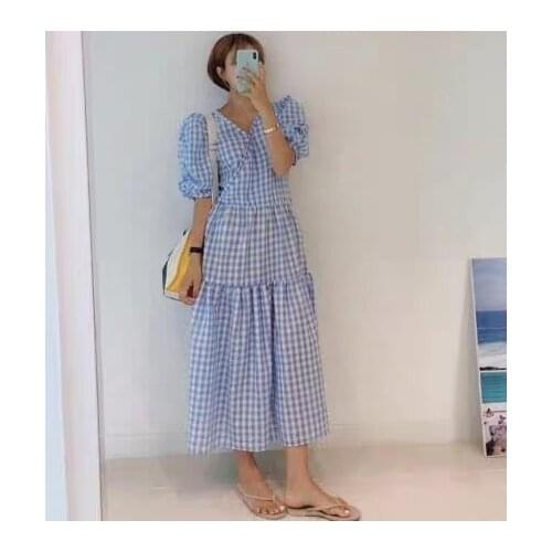 Summer Women Long Plaid Loose Dress Short Sleeve V-neck Flounced Edge Dresses Korean Casual Dress 2021 Robe Femme