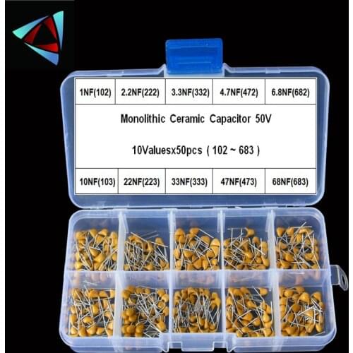 500pcs 10Valuesx50 1nF~68nF (102~683) Multilayer/Monolithic Ceramic Capacitors Assorted kit with storage box