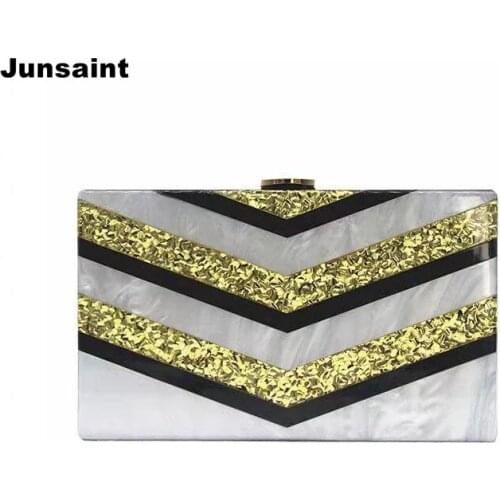 New Designer Messenger Bag Women V Striped Pattern Acrylic Evening Bag Luxury Sequins Patchwork Clutch Purse Causal Prom Handbag